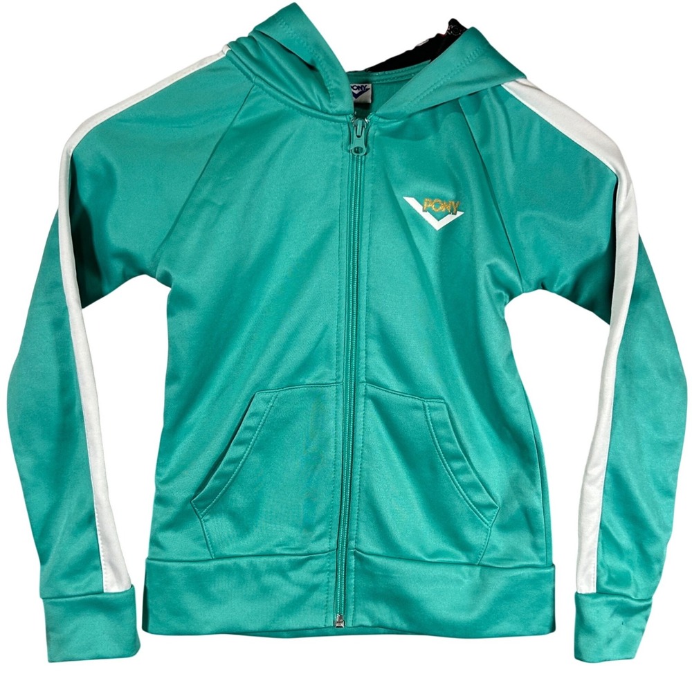 Pony Kids Teal Green Track Jacket Full Zip Hooded Sweatshirt Size Small 7/8 Y2K